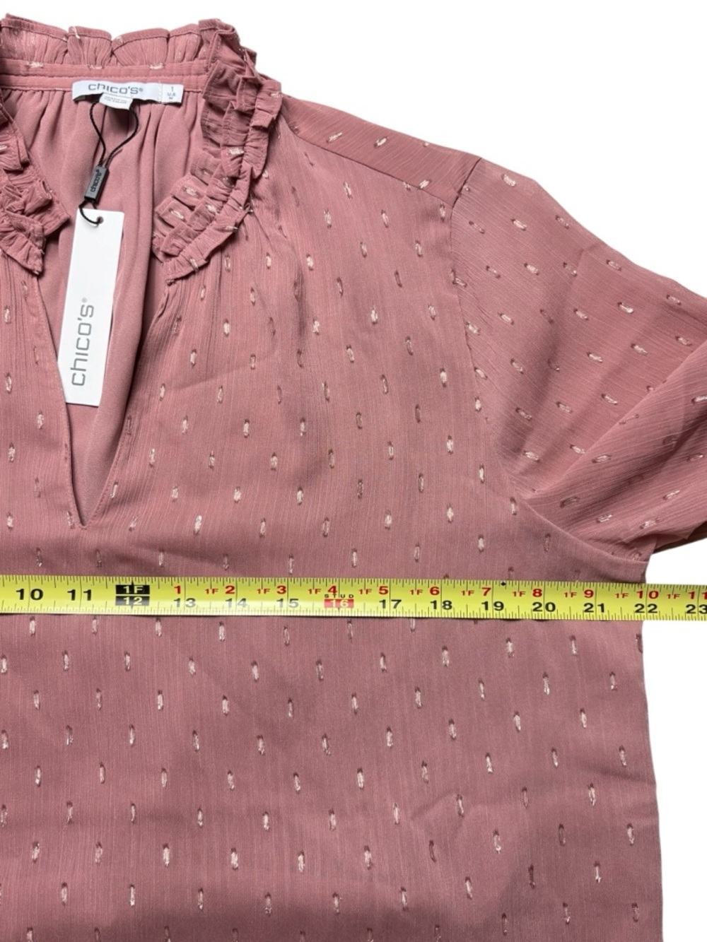 NWT Chicos Dusty Rose Metallic Clip Dot Ruffleneck Blouse • Size 1 / US M • $100 - Picture 8 of 12